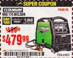 Harbor Freight Coupon TITANIUM MIG 170 WELDER Lot No. 64805 Expired: 12/31/18 - $479.99