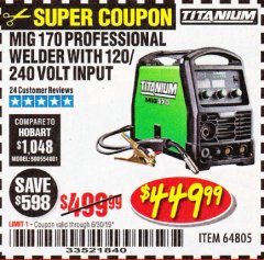 Harbor Freight Coupon TITANIUM MIG 170 WELDER Lot No. 64805 Expired: 6/30/19 - $449.99