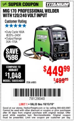 Harbor Freight Coupon TITANIUM MIG 170 WELDER Lot No. 64805 Expired: 10/31/19 - $449.99