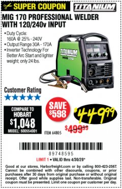 Harbor Freight Coupon TITANIUM MIG 170 WELDER Lot No. 64805 Expired: 6/30/20 - $449.99