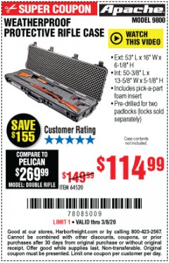Harbor Freight Coupon APACHE 9800 WEATHERPROOF 13-1/2" X 50-1/2" CASE - LONG Lot No. 64520 Expired: 3/8/20 - $114.99