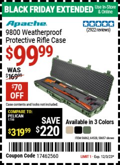 Harbor Freight Coupon APACHE 9800 WEATHERPROOF 13-1/2" X 50-1/2" CASE - LONG Lot No. 64520 Expired: 12/3/23 - $99.99
