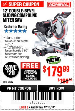 Harbor Freight Coupon ADMIRAL 12" DUAL-BEVEL SLIDING COMPOUND MITER SAW Lot No. 64686 Expired: 12/16/18 - $179.99