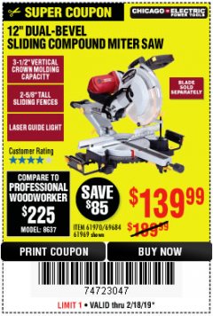 Harbor Freight Coupon ADMIRAL 12" DUAL-BEVEL SLIDING COMPOUND MITER SAW Lot No. 64686 Expired: 2/24/19 - $139.99