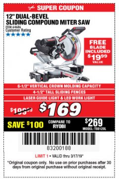 Harbor Freight Coupon ADMIRAL 12" DUAL-BEVEL SLIDING COMPOUND MITER SAW Lot No. 64686 Expired: 3/17/19 - $169