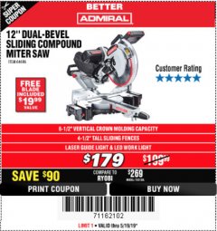 Harbor Freight Coupon ADMIRAL 12" DUAL-BEVEL SLIDING COMPOUND MITER SAW Lot No. 64686 Expired: 5/19/19 - $179