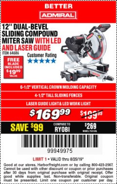 Harbor Freight Coupon ADMIRAL 12" DUAL-BEVEL SLIDING COMPOUND MITER SAW Lot No. 64686 Expired: 8/25/19 - $169.99