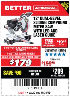 Harbor Freight Coupon ADMIRAL 12" DUAL-BEVEL SLIDING COMPOUND MITER SAW Lot No. 64686 Expired: 10/31/19 - $179
