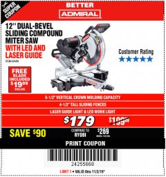 Harbor Freight Coupon ADMIRAL 12" DUAL-BEVEL SLIDING COMPOUND MITER SAW Lot No. 64686 Expired: 11/3/19 - $179