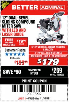 Harbor Freight Coupon ADMIRAL 12" DUAL-BEVEL SLIDING COMPOUND MITER SAW Lot No. 64686 Expired: 11/30/19 - $179
