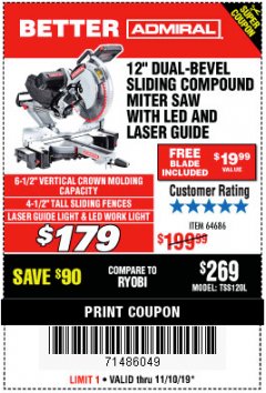 Harbor Freight Coupon ADMIRAL 12" DUAL-BEVEL SLIDING COMPOUND MITER SAW Lot No. 64686 Expired: 11/10/19 - $179