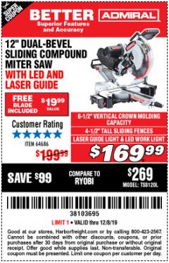 Harbor Freight Coupon ADMIRAL 12" DUAL-BEVEL SLIDING COMPOUND MITER SAW Lot No. 64686 Expired: 12/8/19 - $169.99