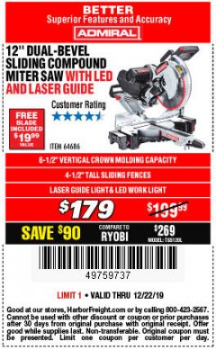 Harbor Freight Coupon ADMIRAL 12" DUAL-BEVEL SLIDING COMPOUND MITER SAW Lot No. 64686 Expired: 12/22/19 - $179