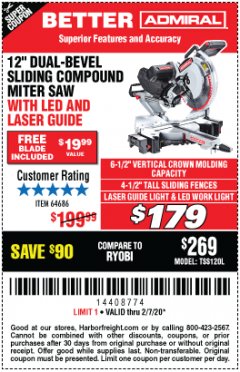 Harbor Freight Coupon ADMIRAL 12" DUAL-BEVEL SLIDING COMPOUND MITER SAW Lot No. 64686 Expired: 2/7/20 - $179