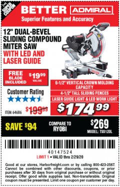Harbor Freight Coupon ADMIRAL 12" DUAL-BEVEL SLIDING COMPOUND MITER SAW Lot No. 64686 Expired: 2/29/20 - $174.99