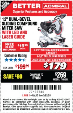 Harbor Freight Coupon ADMIRAL 12" DUAL-BEVEL SLIDING COMPOUND MITER SAW Lot No. 64686 Expired: 3/22/20 - $179.99