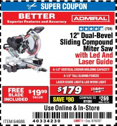 Harbor Freight Coupon ADMIRAL 12" DUAL-BEVEL SLIDING COMPOUND MITER SAW Lot No. 64686 Expired: 8/16/20 - $179