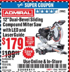 Harbor Freight Coupon ADMIRAL 12" DUAL-BEVEL SLIDING COMPOUND MITER SAW Lot No. 64686 Expired: 10/23/20 - $179