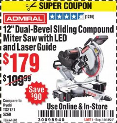Harbor Freight Coupon ADMIRAL 12" DUAL-BEVEL SLIDING COMPOUND MITER SAW Lot No. 64686 Expired: 12/18/20 - $179