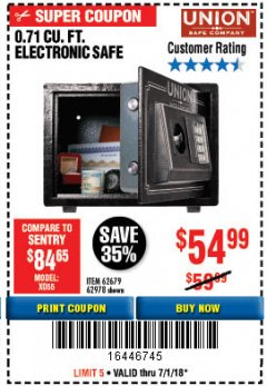 Harbor Freight Coupon 0.71 CU. FT. ELECTRONIC DIGITAL SAFE Lot No. 45891/61724/62679 Expired: 7/1/18 - $54.99