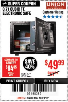 Harbor Freight Coupon 0.71 CU. FT. ELECTRONIC DIGITAL SAFE Lot No. 45891/61724/62679 Expired: 10/28/18 - $49.99