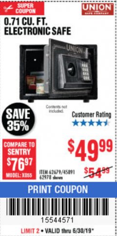 Harbor Freight Coupon 0.71 CU. FT. ELECTRONIC DIGITAL SAFE Lot No. 45891/61724/62679 Expired: 6/30/19 - $49.99