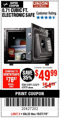 Harbor Freight Coupon 0.71 CU. FT. ELECTRONIC DIGITAL SAFE Lot No. 45891/61724/62679 Expired: 10/27/19 - $49.99