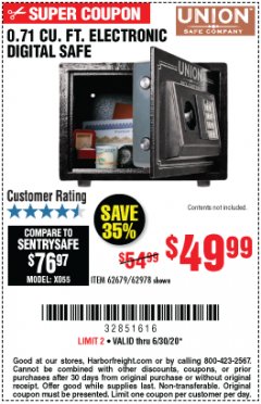 Harbor Freight Coupon 0.71 CU. FT. ELECTRONIC DIGITAL SAFE Lot No. 45891/61724/62679 Expired: 6/30/20 - $49.99