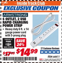 Harbor Freight ITC Coupon 6 OUTLET POWER STRIP WITH 2 USB PORTS Lot No. 64411 Expired: 9/30/19 - $14.99