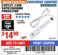 Harbor Freight ITC Coupon ARMSTRONG 6-OUTLET, 2 USB RAPID CHARGING POWER STRIP Lot No. 64411 Expired: 2/25/20 - $14.99