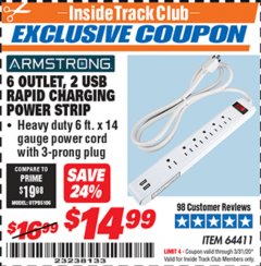 Harbor Freight ITC Coupon 6 OUTLET POWER STRIP WITH 2 USB PORTS Lot No. 64411 Expired: 3/31/20 - $14.99