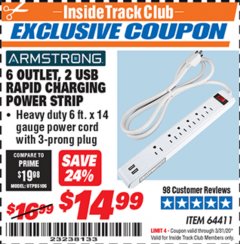 Harbor Freight ITC Coupon ARMSTRONG 6-OUTLET, 2 USB RAPID CHARGING POWER STRIP Lot No. 64411 Expired: 3/31/20 - $14.99