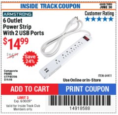 Harbor Freight ITC Coupon ARMSTRONG 6-OUTLET, 2 USB RAPID CHARGING POWER STRIP Lot No. 64411 Expired: 6/30/20 - $14.99