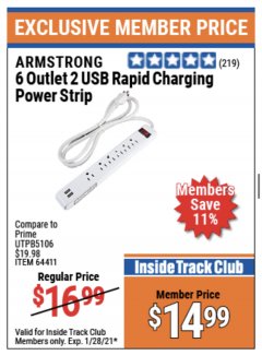 Harbor Freight ITC Coupon 6 OUTLET POWER STRIP WITH 2 USB PORTS Lot No. 64411 Expired: 1/28/21 - $14.99