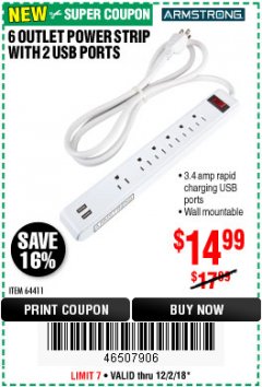 Harbor Freight Coupon ARMSTRONG 6-OUTLET, 2 USB RAPID CHARGING POWER STRIP Lot No. 64411 Expired: 12/2/18 - $14.99