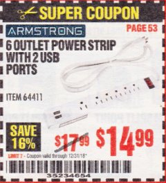 Harbor Freight Coupon ARMSTRONG 6-OUTLET, 2 USB RAPID CHARGING POWER STRIP Lot No. 64411 Expired: 12/31/18 - $14.99