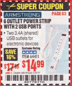 Harbor Freight Coupon 6 OUTLET POWER STRIP WITH 2 USB PORTS Lot No. 64411 Expired: 2/28/19 - $14.99