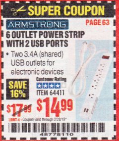 Harbor Freight Coupon ARMSTRONG 6-OUTLET, 2 USB RAPID CHARGING POWER STRIP Lot No. 64411 Expired: 2/28/19 - $14.99