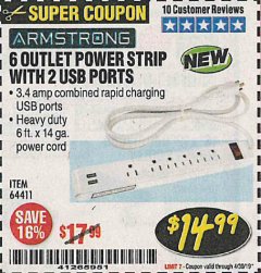 Harbor Freight Coupon ARMSTRONG 6-OUTLET, 2 USB RAPID CHARGING POWER STRIP Lot No. 64411 Expired: 4/30/19 - $14.99