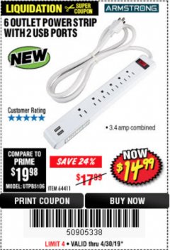 Harbor Freight Coupon 6 OUTLET POWER STRIP WITH 2 USB PORTS Lot No. 64411 Expired: 4/30/19 - $14.99