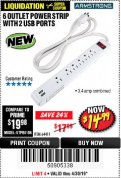 Harbor Freight Coupon ARMSTRONG 6-OUTLET, 2 USB RAPID CHARGING POWER STRIP Lot No. 64411 Expired: 4/30/19 - $14.99