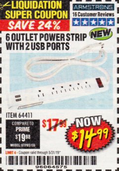 Harbor Freight Coupon ARMSTRONG 6-OUTLET, 2 USB RAPID CHARGING POWER STRIP Lot No. 64411 Expired: 5/31/19 - $14.99