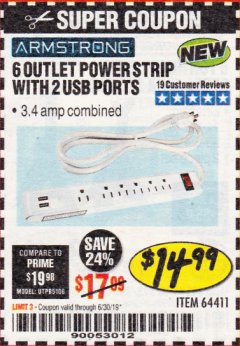 Harbor Freight Coupon ARMSTRONG 6-OUTLET, 2 USB RAPID CHARGING POWER STRIP Lot No. 64411 Expired: 6/17/19 - $14.99