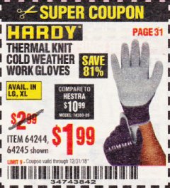 Harbor Freight Coupon THERMAL KNIT COLD WEATHER WORK GLOVES Lot No. 64244/64245 Expired: 12/31/18 - $1.99