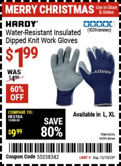 Harbor Freight Coupon THERMAL KNIT COLD WEATHER WORK GLOVES Lot No. 64244/64245 Expired: 12/10/23 - $1.99