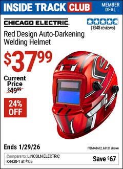 Harbor Freight ITC Coupon CHICAGO ELECTRIC RED DESIGN AUTO-DARKENING WELDING HELMET Lot No. 63121/61612 Valid Thru: 1/29/26 - $37.99