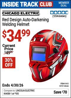 Harbor Freight Coupon CHICAGO ELECTRIC RED DESIGN AUTO-DARKENING WELDING HELMET Lot No. 63121/61612 Valid: 12/31/69 - 4/30/26 - $34.99