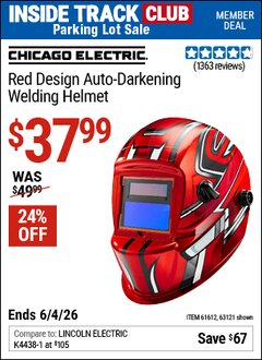 Harbor Freight Coupon CHICAGO ELECTRIC RED DESIGN AUTO-DARKENING WELDING HELMET Lot No. 63121/61612 Valid: 12/31/69 - 6/4/26 - $37.99