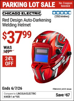 Harbor Freight Coupon CHICAGO ELECTRIC RED DESIGN AUTO-DARKENING WELDING HELMET Lot No. 63121/61612 EXPIRES: 6/7/26 - $37.99