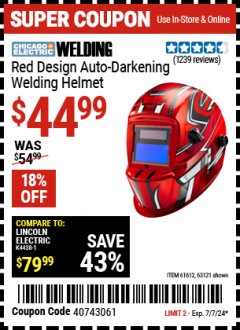 Harbor Freight Coupon CHICAGO ELECTRIC RED DESIGN AUTO-DARKENING WELDING HELMET Lot No. 63121/61612 Expired: 7/7/24 - $44.99